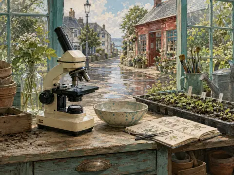A cream microscope and botanical notebook on a greenhouse workbench overlooking a cobblestone village street.