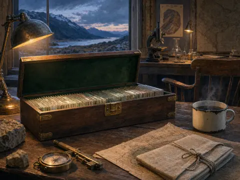 An open wooden box lined with green velvet holds microscope slides on a rustic desk overlooking a mountain fjord.