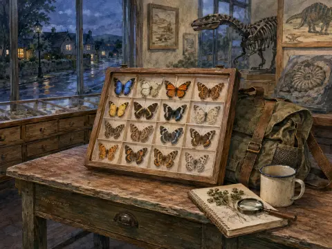 A wooden butterfly specimen box sits on a rustic desk beside a rucksack, dinosaur skeleton, and rainy window.