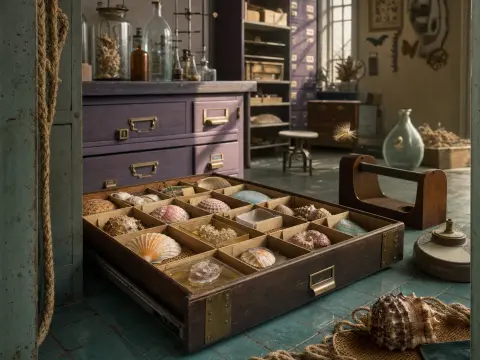 An open wooden specimen drawer filled with seashells sits on a green tile floor in a vintage laboratory.