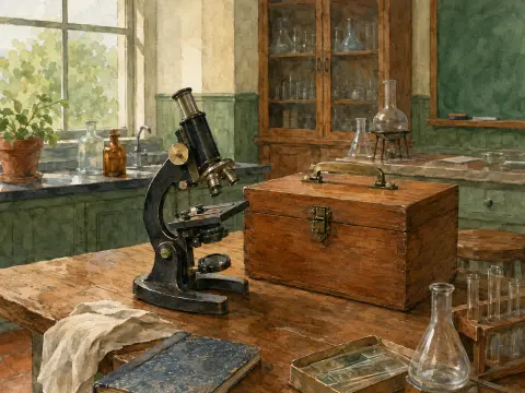A vintage black microscope and a wooden storage box on a science lab workbench surrounded by glassware.