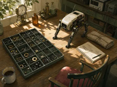 A four-legged robot stands on a sunlit wooden workbench beside a compartment tray of parts and a sketchbook.