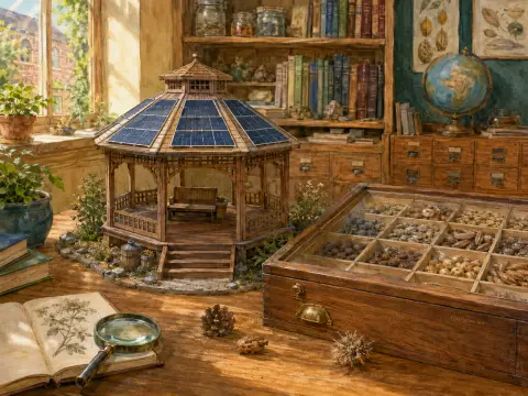 Miniature wooden gazebo with solar panels on its roof beside a seed specimen case and an open botanical book.