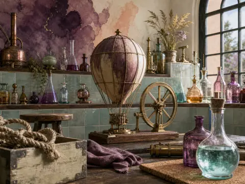 A model hot air balloon and brass wheel sit on a laboratory counter surrounded by colorful glass bottles.