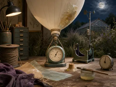 An antique scale holding a patched weather balloon on a workshop table overlooking a moonlit garden and greenhouse.