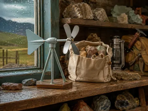 A miniature wind vane rests on a wet wooden windowsill beside a bag of colorful rocks during a rainstorm.
