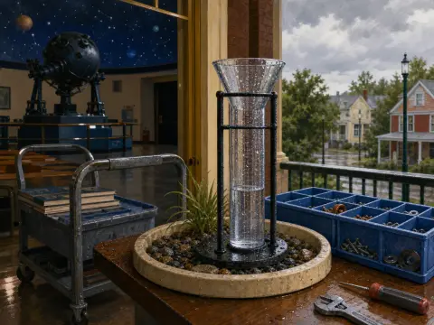 A rain gauge and tools on a balcony table next to an open doorway showing a vintage planetarium projector.