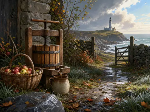 A wooden cider press and basket of apples beside a muddy path leading toward a gate and distant coastal lighthouse.