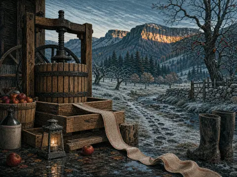 A wooden cider press with red apples and a glowing lantern overlooks a frosty mountain valley and stream.