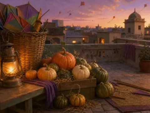 Pumpkins, a glowing lantern, and a basket of kites sit on a stone rooftop overlooking flying kites at sunset.