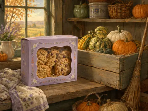 A lilac box of cookies rests on a rustic wooden bench next to a crate of autumn pumpkins by a sunny window.