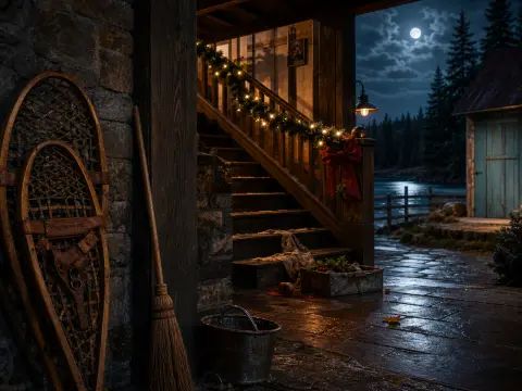 Rustic cabin porch decorated with illuminated garland and snowshoes under a bright full moon overlooking a lake.