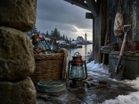 Copper lanterns sit inside a rustic wooden boathouse looking out across snowy waters to a distant lighthouse.