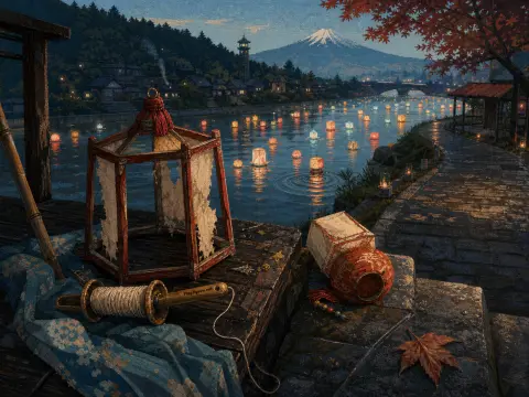 Floating paper lanterns drift along a river toward Mount Fuji as autumn maple leaves hang overhead.