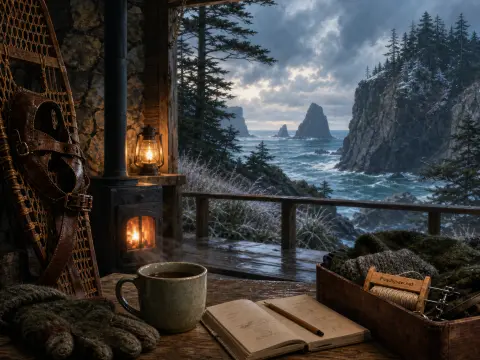 A cozy porch table with a warm drink and notebook overlooks rocky sea stacks and a stormy ocean in winter.