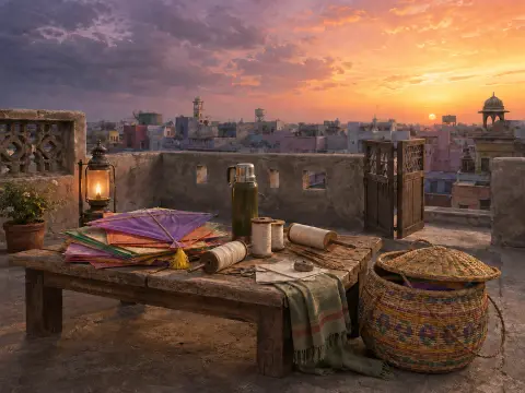 A wooden rooftop table with colorful kites, spools of string, and a lantern overlooking an old city at sunset.