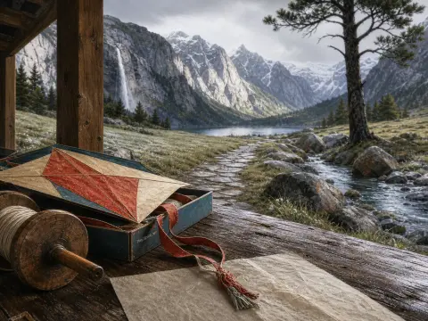A handmade paper kite and wooden spool on an outdoor table overlooking a mountain valley and waterfall.