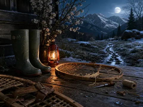 A lantern, green rubber boots, and snowshoes on a rustic porch overlooking snowy mountains under a bright full moon.