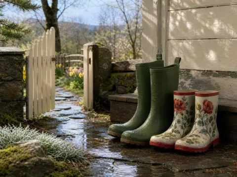 Two pairs of rain boots sit on wet flagstones beside a white gate opening to a sunlit spring garden.