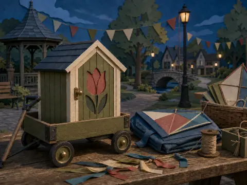 A miniature wooden shed with a tulip design rests in a wagon next to kites and string on an outdoor table at twilight.