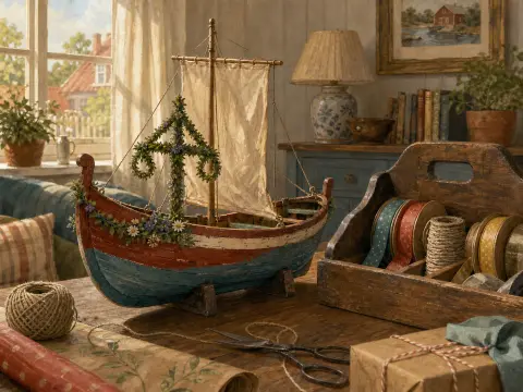 A decorated wooden model boat on a craft table beside spools of ribbon and wrapping paper near a bright window.