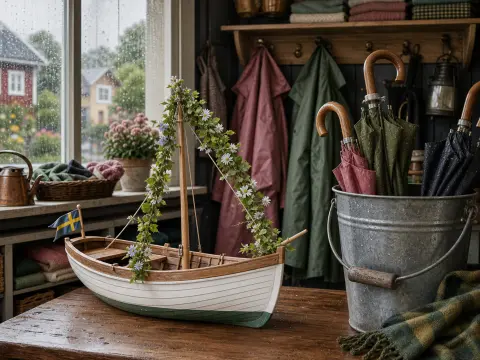 A decorated wooden model boat and an umbrella-filled metal bucket sit inside by a rain-speckled window.