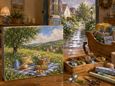 A wooden table with gift wrapping supplies and a picnic painting sits before an open door leading to a cottage garden.