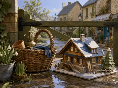 Miniature snowy chalet and a woven wicker garden basket on wet cobblestones before a stone village street.