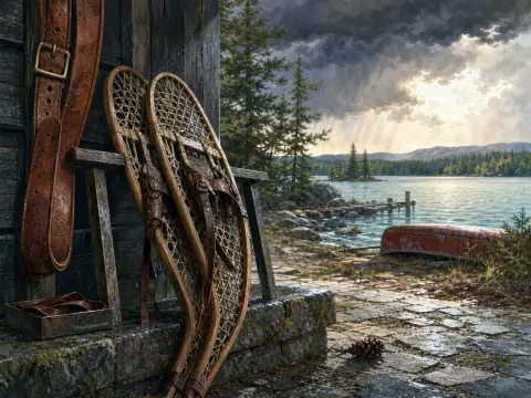 Traditional wooden snowshoes lean by a rustic cabin patio overlooking a stormy lake with an overturned canoe.