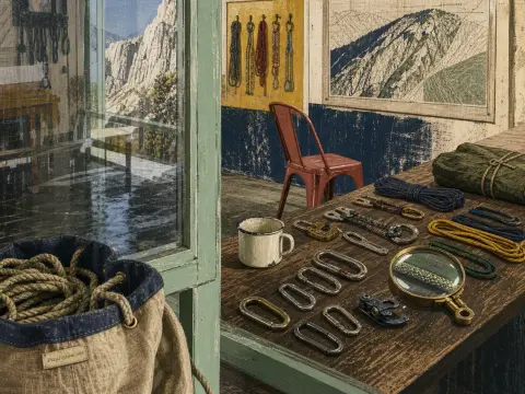 Carabiners, climbing cords, and an enamel mug arranged on a wooden table inside a mountain cabin.