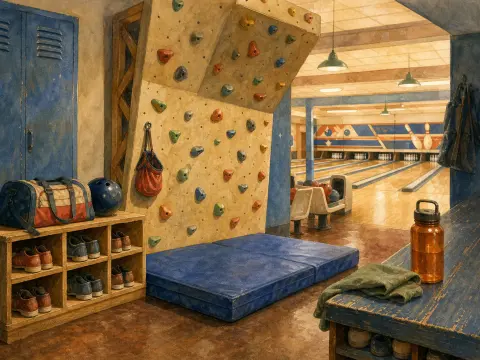 A small wooden bouldering wall with colorful handholds stands beside active bowling lanes and vintage lockers.