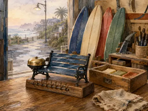 A miniature blue park bench with a brass bell sits on a wooden workbench in a workshop overlooking the ocean.