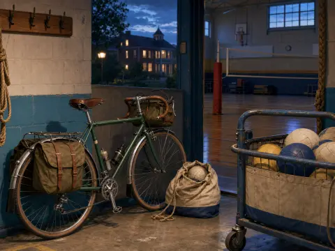A green touring bicycle parked beside a cart of volleyballs near an open gymnasium doorway at dusk.