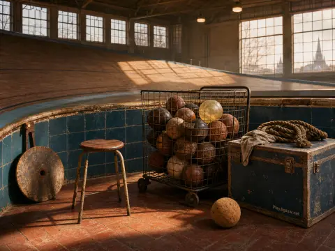 Vintage leather balls in a wire basket next to a blue chest and stool inside a sunlit wooden velodrome.