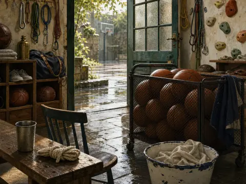 Wire cart filled with basketballs inside an open rustic shed facing a wet outdoor basketball court in the rain.