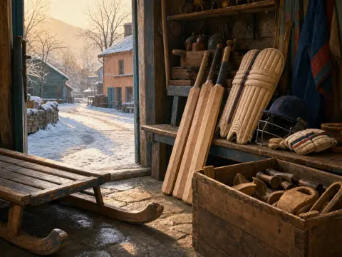 Cricket bats, pads, and a wooden sled sit inside an open shed looking out at a snowy village road in winter.