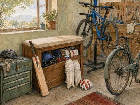 Cricket gear resting beside a wooden bench, two bicycles, and a tool wall inside a sunlit workshop.