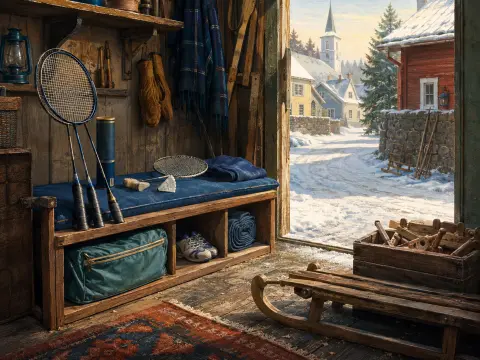 Badminton rackets and gear sit on a wooden bench inside a rustic cabin looking out at a snowy village.