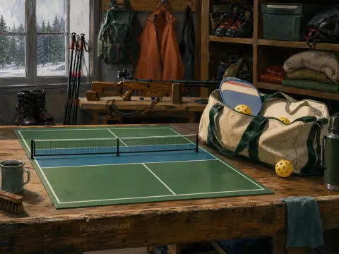 A miniature tabletop pickleball court rests on a wooden cabin workbench alongside sports gear and a snowy window.