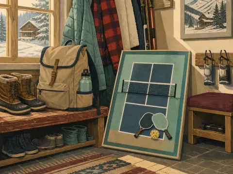 A cozy cabin entryway with winter boots, coats, and a framed pickleball court resting against the wall.
