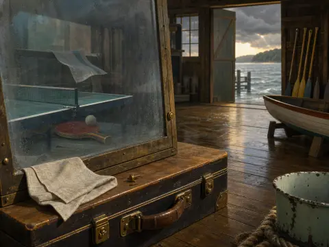 A glass display box holding a ping pong table sits on an old suitcase in a boathouse overlooking the sea.