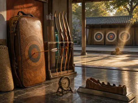 Bows and arrows arranged on an open veranda beside a leather target case overlooking an archery courtyard.