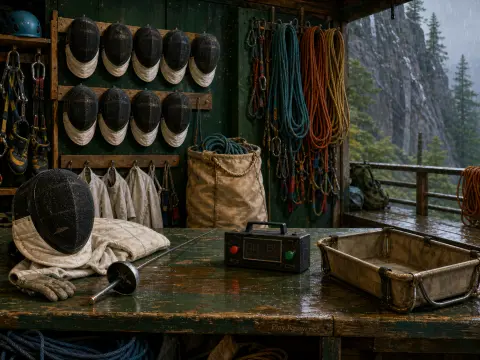 Fencing gear and climbing ropes arranged inside an open wooden shelter overlooking rainy mountain cliffs.
