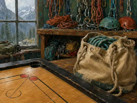 A carrom board and climbing gear inside a rustic alpine hut looking out onto a rainy mountain landscape.