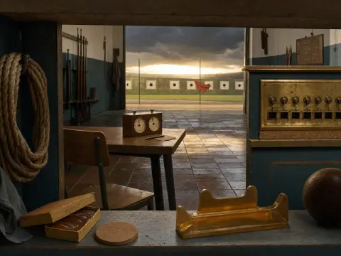 View from an indoor shooting range with vintage rifles, timer clock, and brass panel looking out toward target boards.