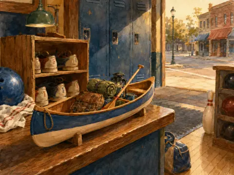 A model canoe loaded with miniature gear sits on a counter inside a bowling workshop overlooking a sunlit street.
