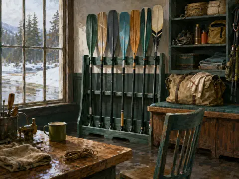 Colorful canoe paddles stand in a rack inside a rustic boathouse beside a window overlooking a snowy river landscape.