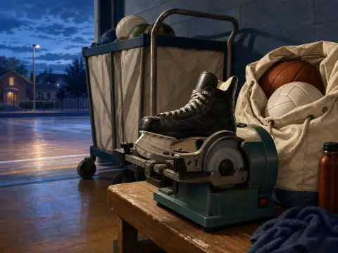 An ice skate clamped into a mechanical sharpener sits on a wooden bench next to a canvas sack filled with sports balls.