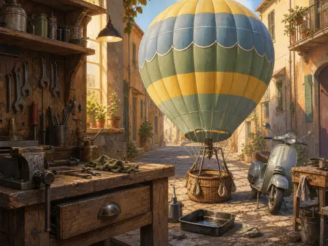A striped hot air balloon rests on a cobblestone alley beside a wooden workbench and a vintage scooter.