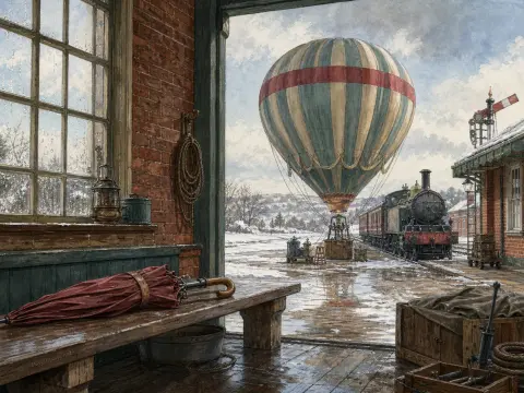 A striped hot air balloon and steam train rest on a snowy railway platform viewed from inside a brick depot.